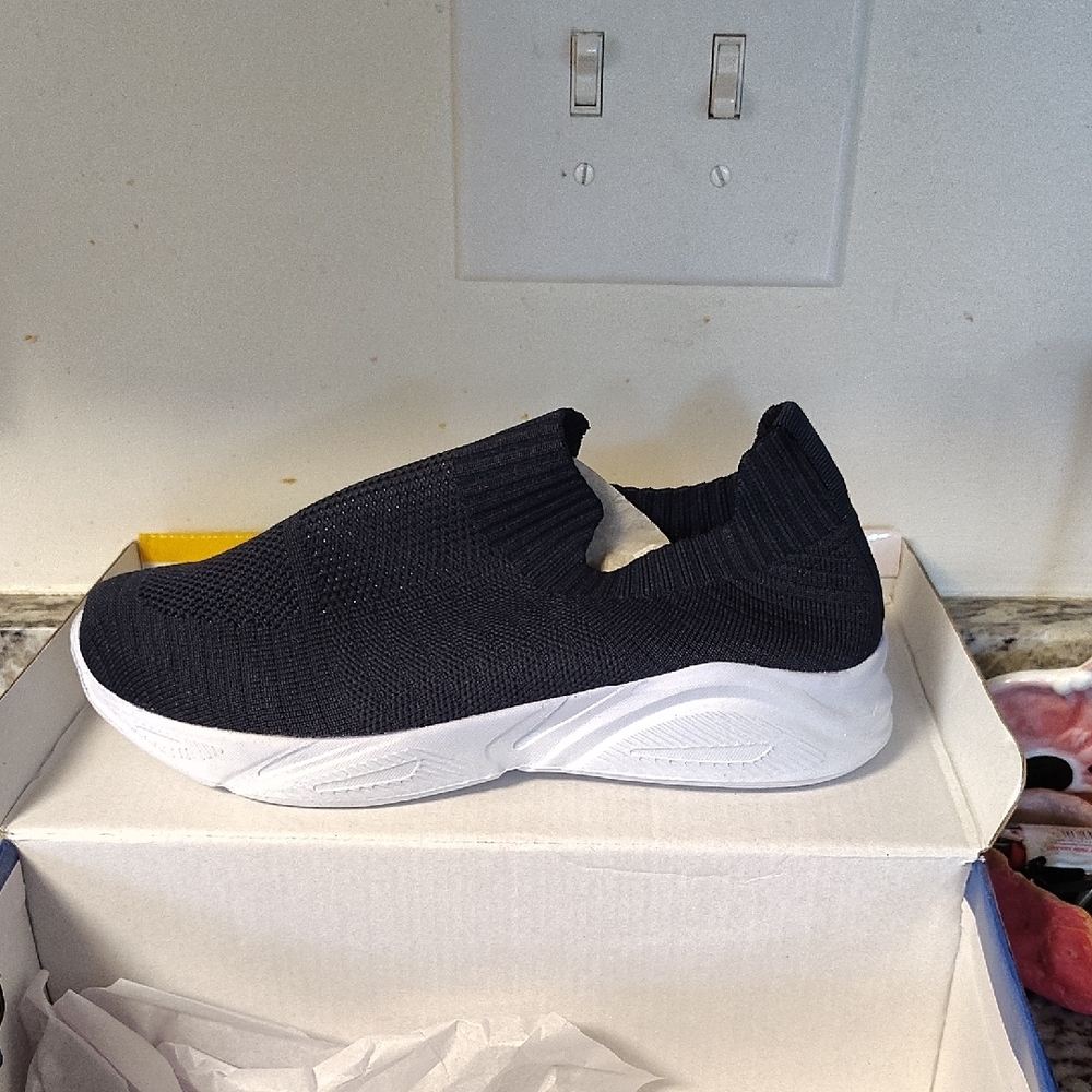 Blue and White Athletic Slip-On Shoes with Knit Upper